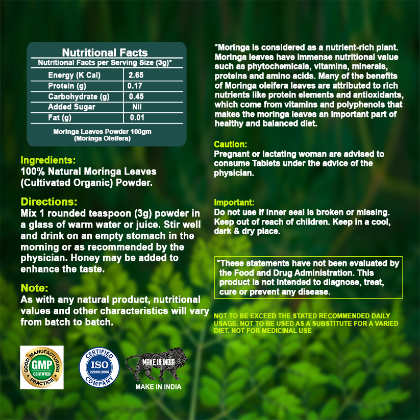 Organic Oasis Organic Moringa PowderNutritional Facts