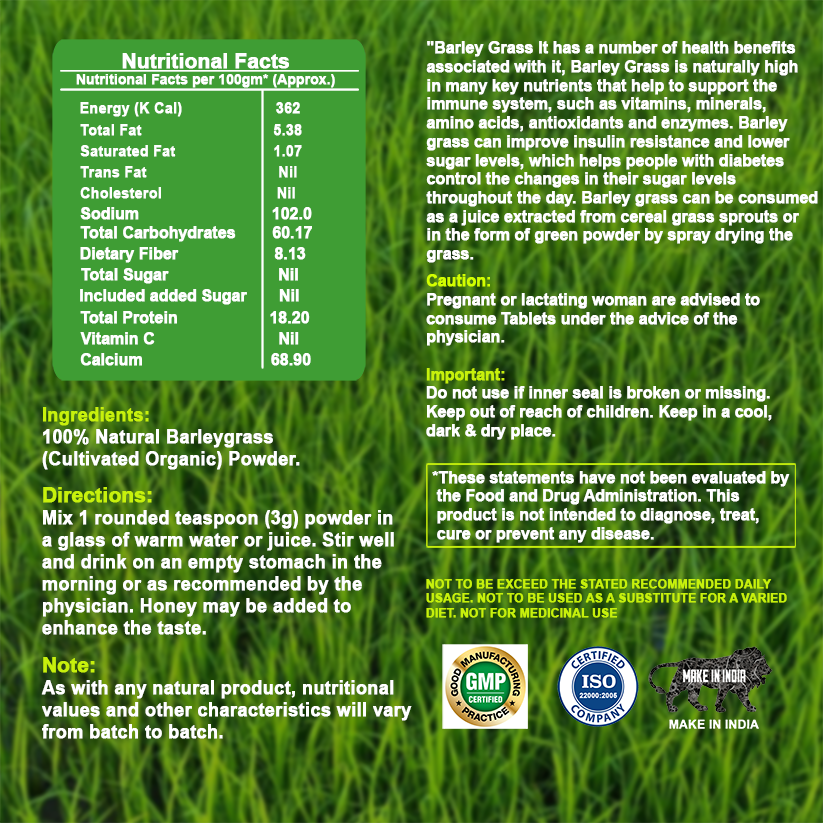 Organic Oasis Organic Barleygrass Powder Nutritional Facts